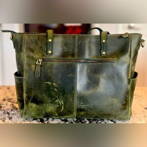 Gorgeous work tote, green distressed Italian leather, mint condition